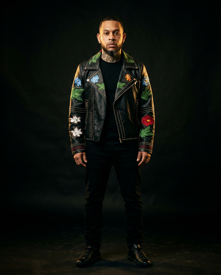 Bezer embroidered black leather biker jacket